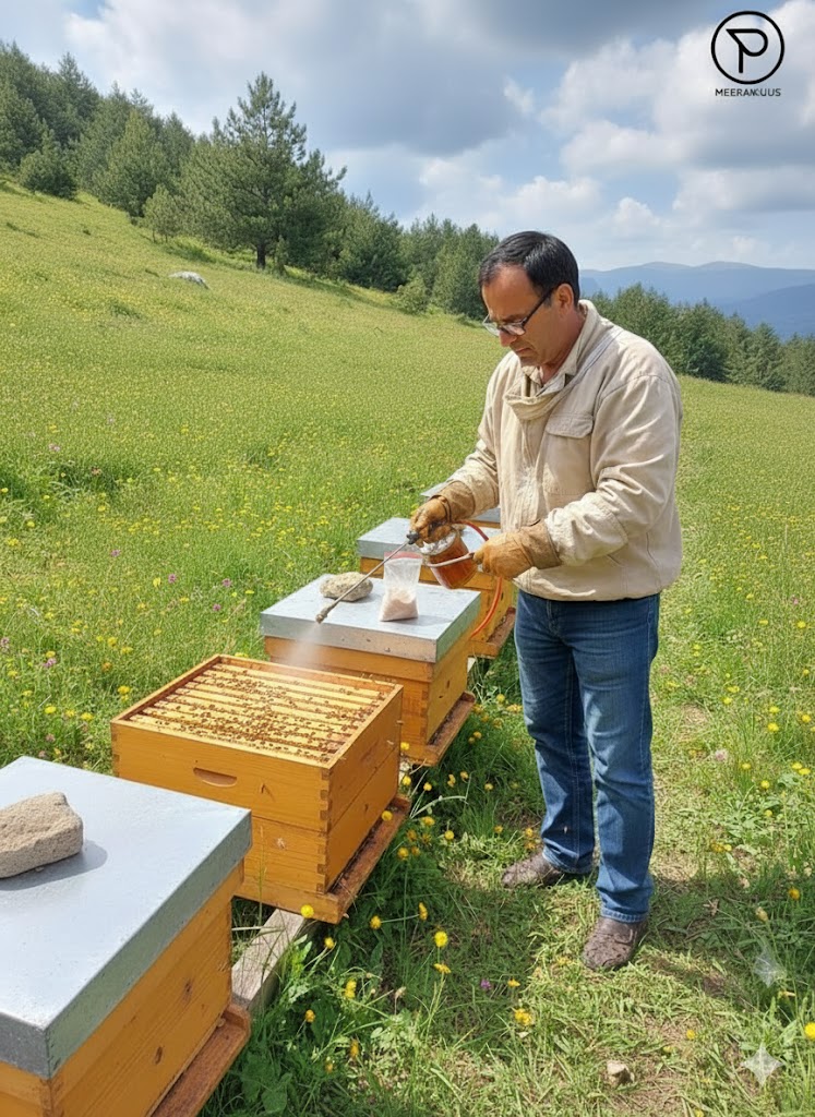 Arı hastalıkları için kovan içi ilaçlama yapan arıcı