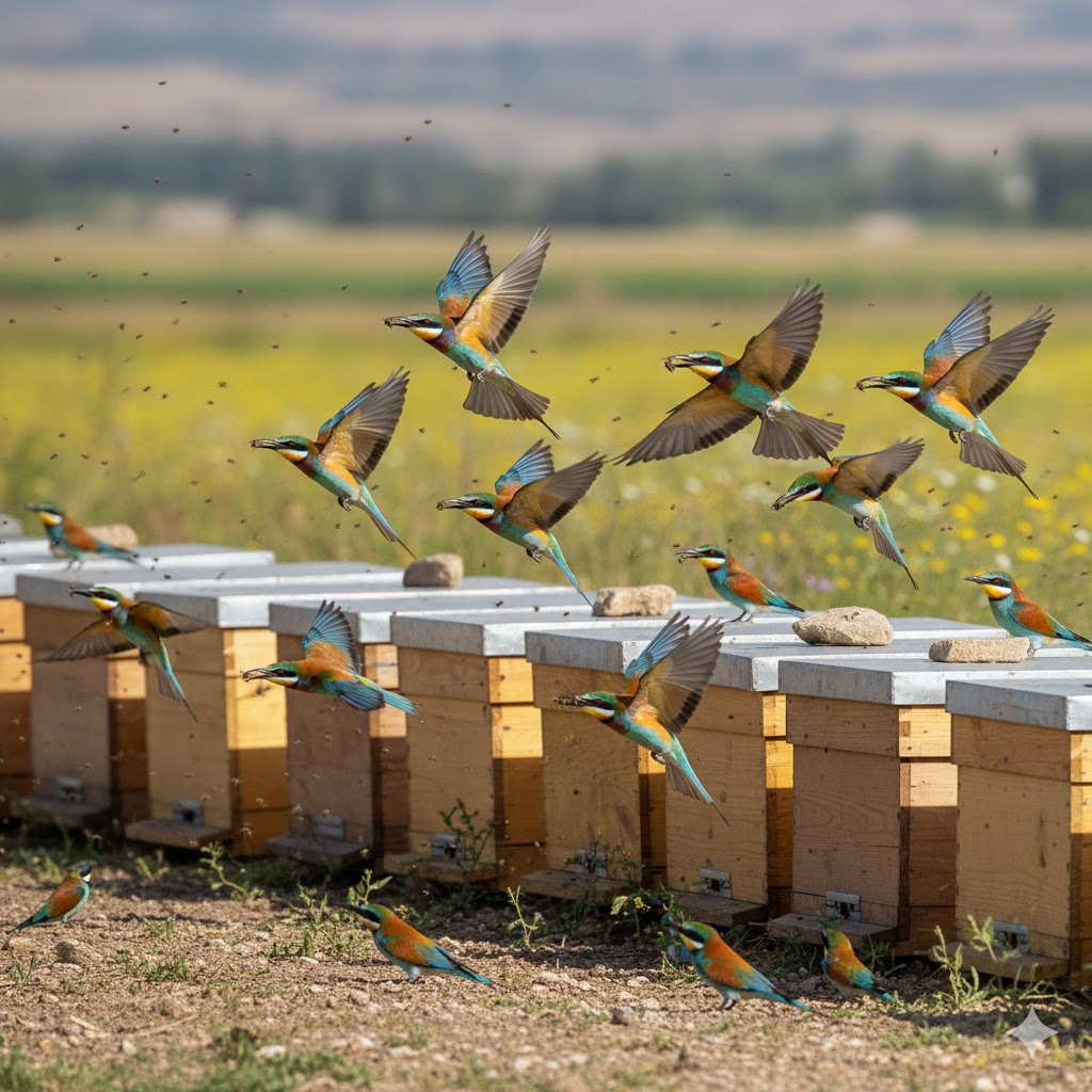 Arılık üzerinde uçuşan arı kuşları ve kovanları korumak için arı kuşları ile mücadele yöntemleri.