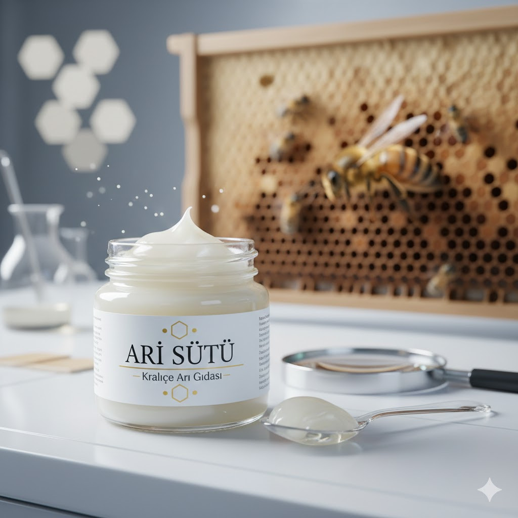 Cam kavanozda taze ve doğal arı sütü; arı sütü nedir ve kraliçe arı besini hakkında detayları temsil eden lüks ve temiz görünümlü görsel.