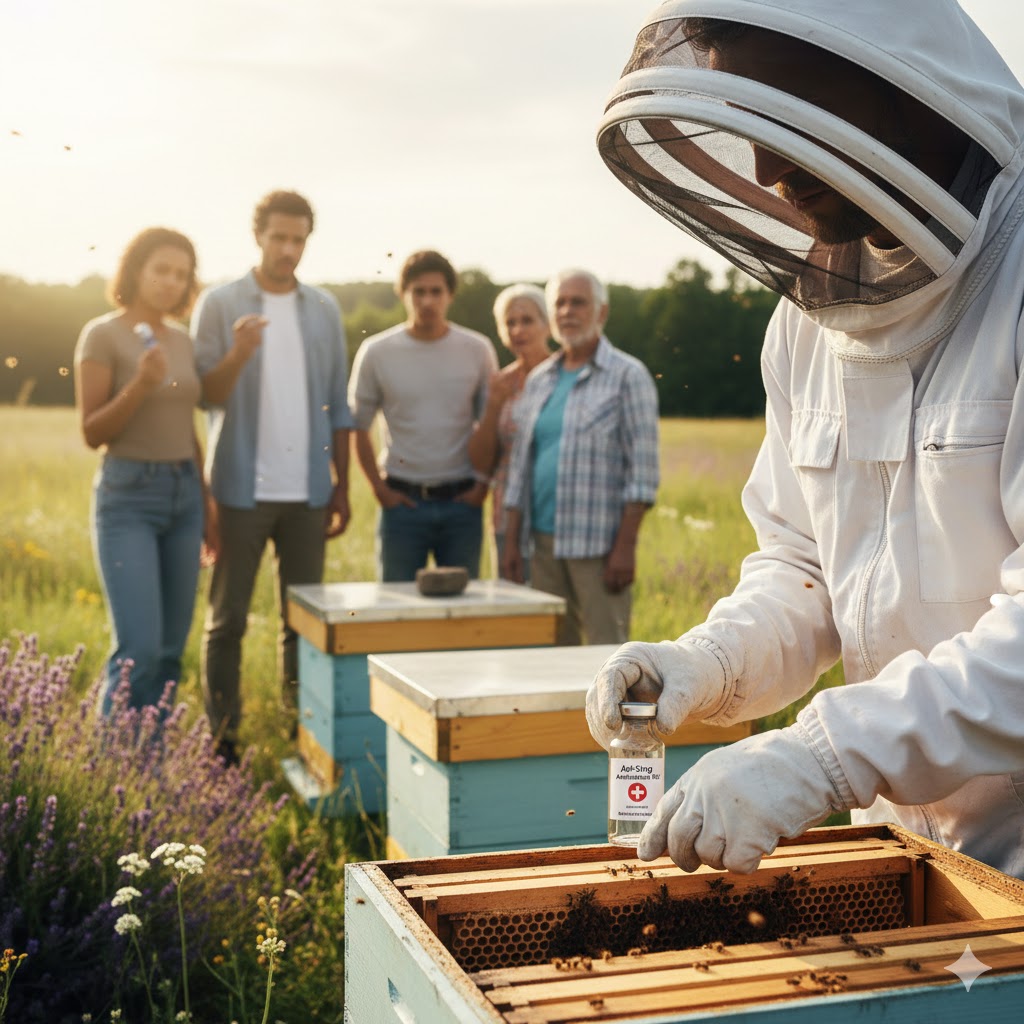 Arı zehri alerjisi için önlem alan koruyucu kıyafetli arıcı
