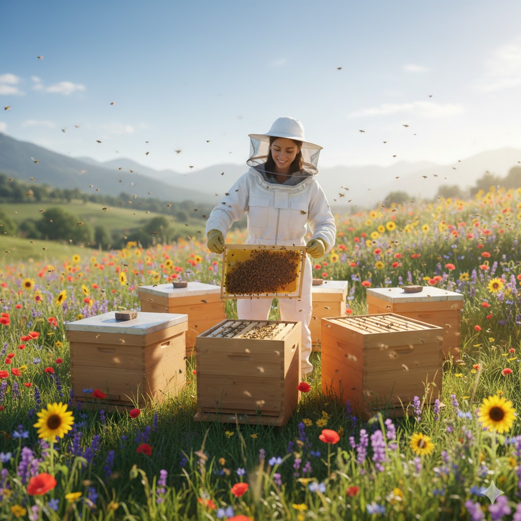 Arıcılığa yeni başladım diyenler için çiçekli bir bahçede beş adet modern arı kovanı ve uçuşan arılar.