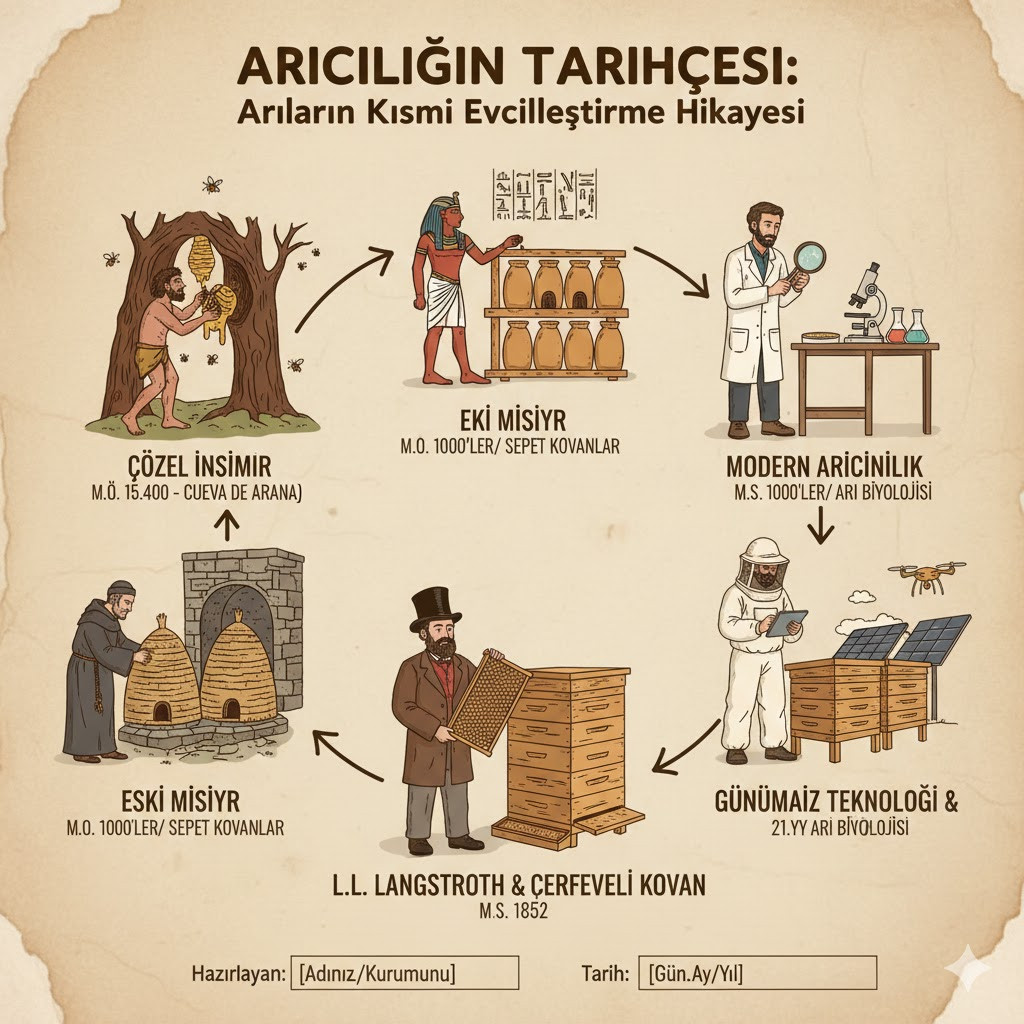 Antik Mısır duvar resimleri ve ilk toprak kovanları simgeleyen, arıların kısmi evcilleştirme sürecini ve arıcılığın tarihçesi boyunca gelişimini anlatan nostaljik illüstrasyon.