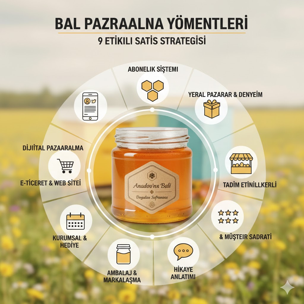 Bal satışını artırmak için kullanılan dijital pazarlama, marka tasarımı, doğrudan satış ve e-ticaret gibi farklı bal pazarlama yöntemleri temsil eden modern infografik.