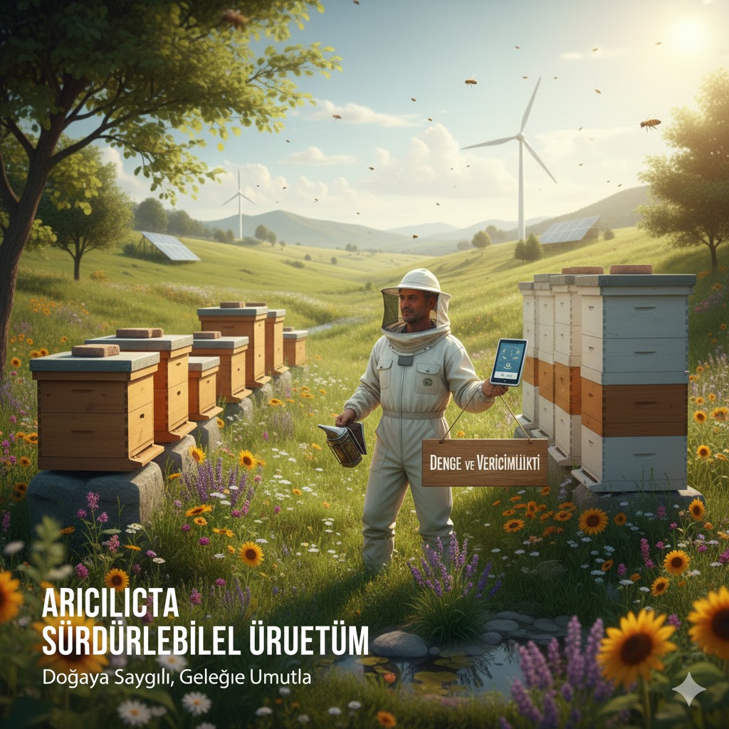 Doğa ile uyumlu arıcılık faaliyetlerini, biyolojik çeşitliliği koruyan yöntemleri ve arı refahını merkeze alan arıcılıkta sürdürülebilir üretim döngüsünü gösteren illüstrasyon