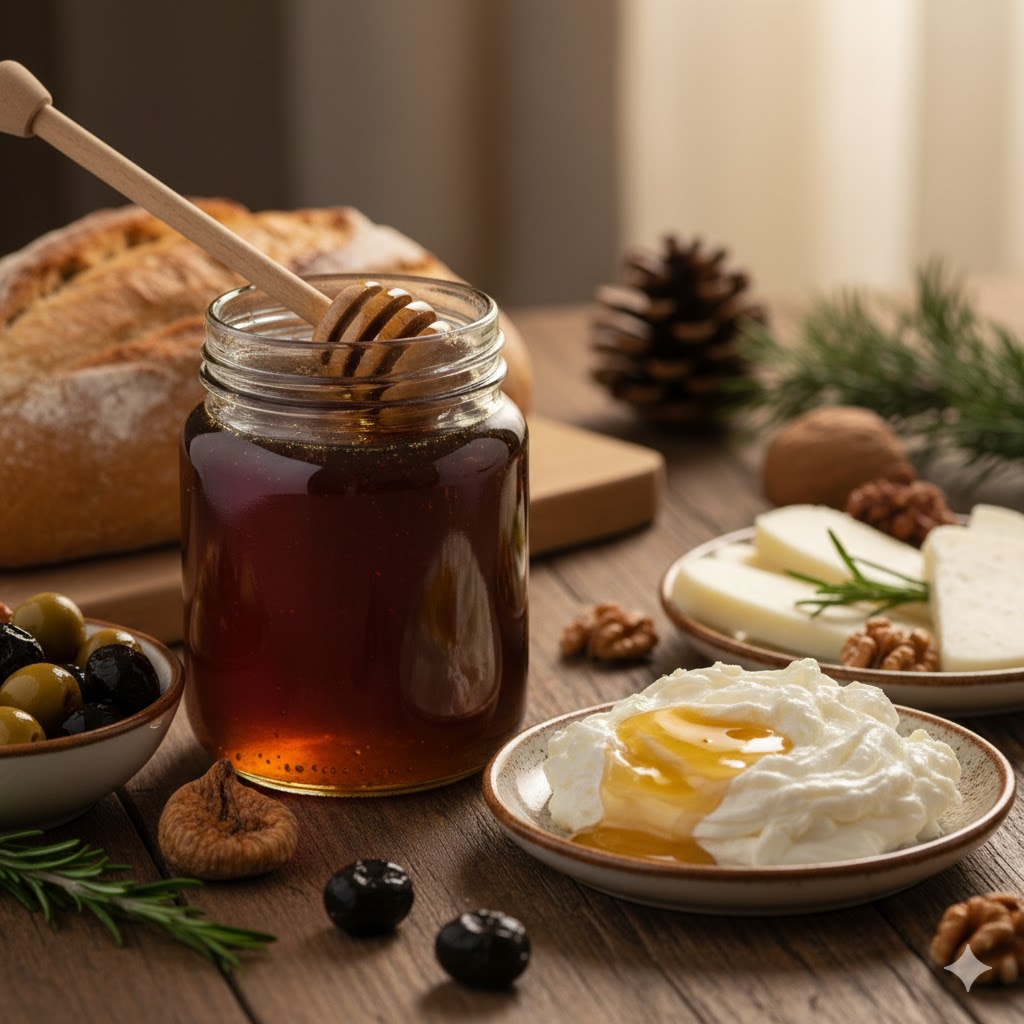 Ahşap bir masa üzerinde, yanında taze kaymak ve kahvaltılıklar eşliğinde sunulan, çam dallarıyla süslenmiş altın sarısı doğal çam balı