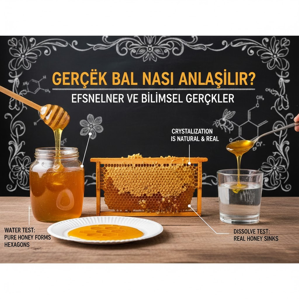 Gerçek bal nasıl anlaşılır sorusuna yanıt veren, kaşıktan süzülen kristalize olmamış doğal bal ve bilimsel analiz görseli.