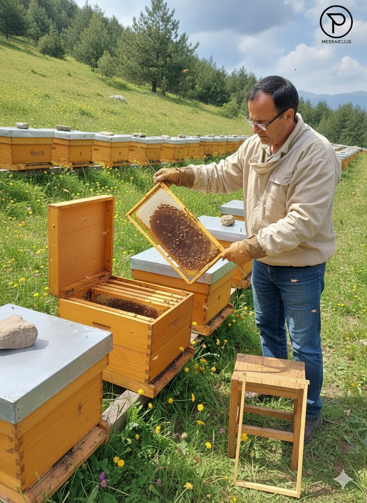 İlkbaharda arı bakımı yapan arıcı, peteği inceliyor
