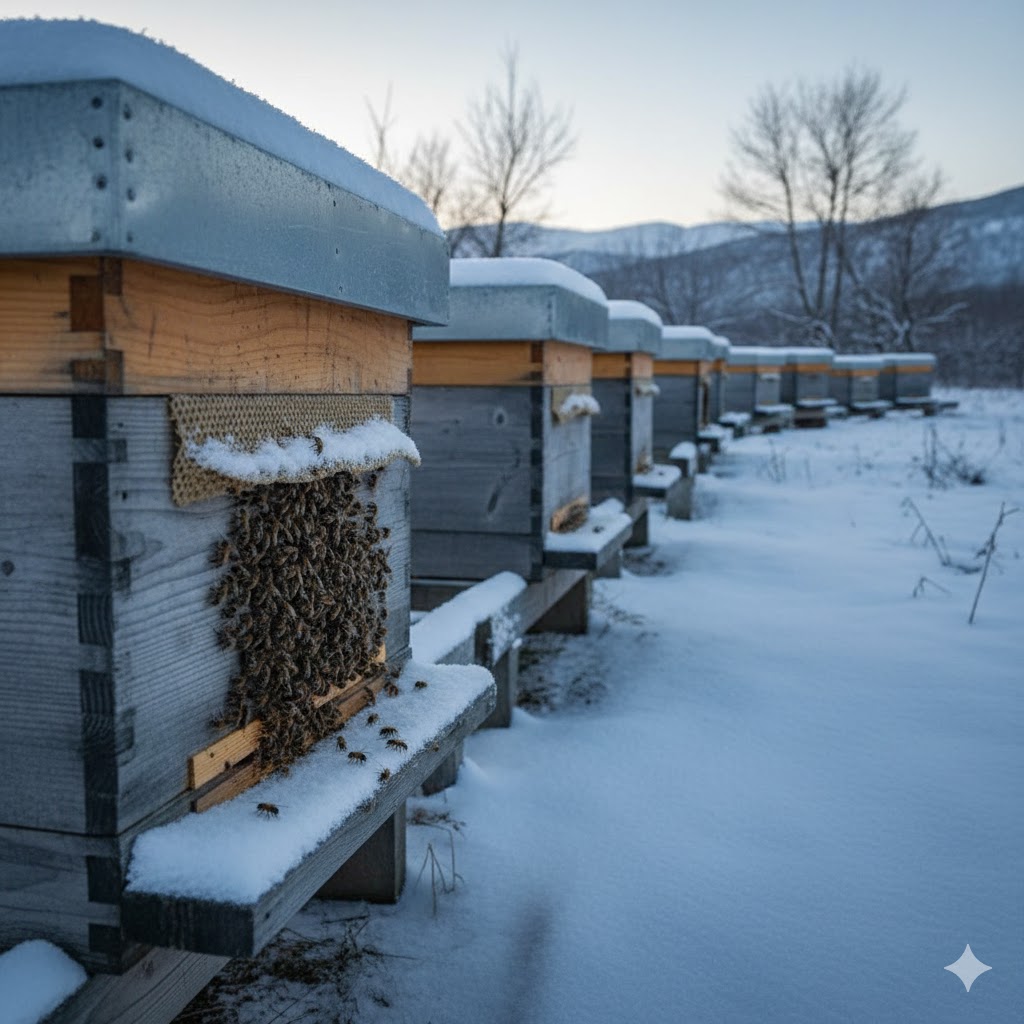Kışın arıcılık bakımı için kar altında kış salkımına girmiş kovanlar ve sessiz dönem yönetimi.