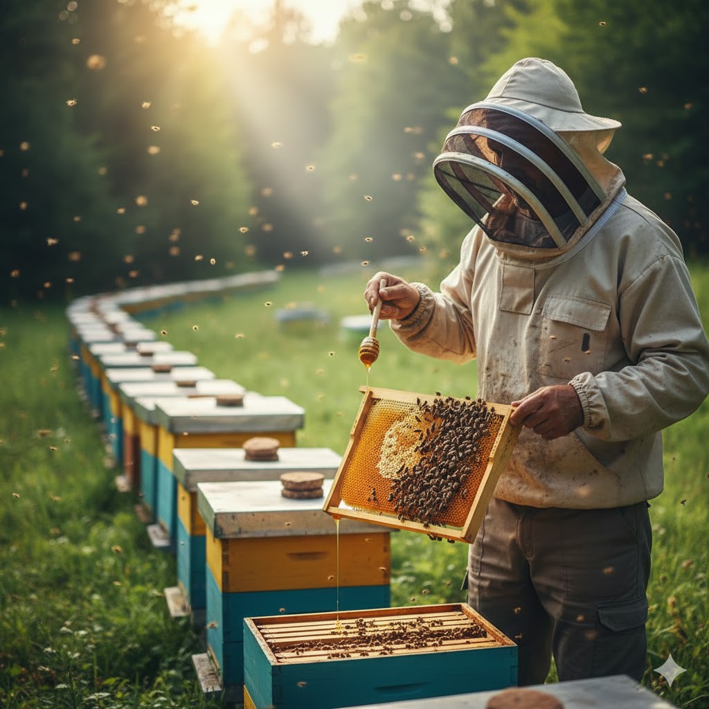 Çiçekli bir yaylada kovanlarının başında huzurla duran arıcı; neden arıcılık yapmalıyım sorusuna yanıt veren doğayla uyumlu yaşam ve hobiyi temsil eden görsel.