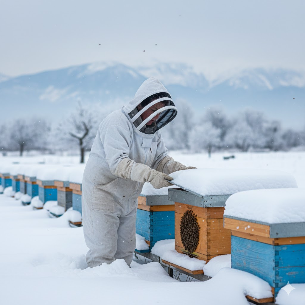 Karlı bir günde kovan başında soğuk havalarda arı bakımı yapan bir arıcı ve kışlık koloni yönetimi.
