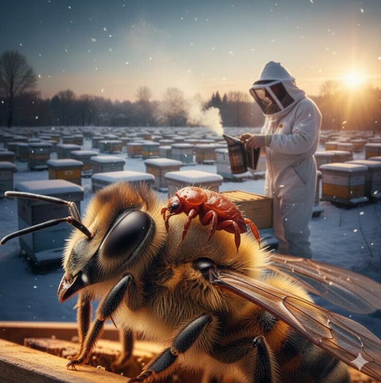 Bir arının üzerinde Varroa akarı paraziti ve arka planda kovanlarını kontrol eden bir arıcı. Varroa Nedir sorusunun cevabı ve bu zararlıya karşı arıcının mücadelesini gösteren çarpıcı bir görsel.