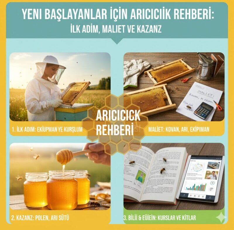 Modern ve beyaz arıcı kıyafetiyle kovan başında duran bir arıcı üzerinden yeni başlayanlar için arıcılık eğitimi, ilk yatırım maliyetleri ve arıcılık kazanç rehberi.