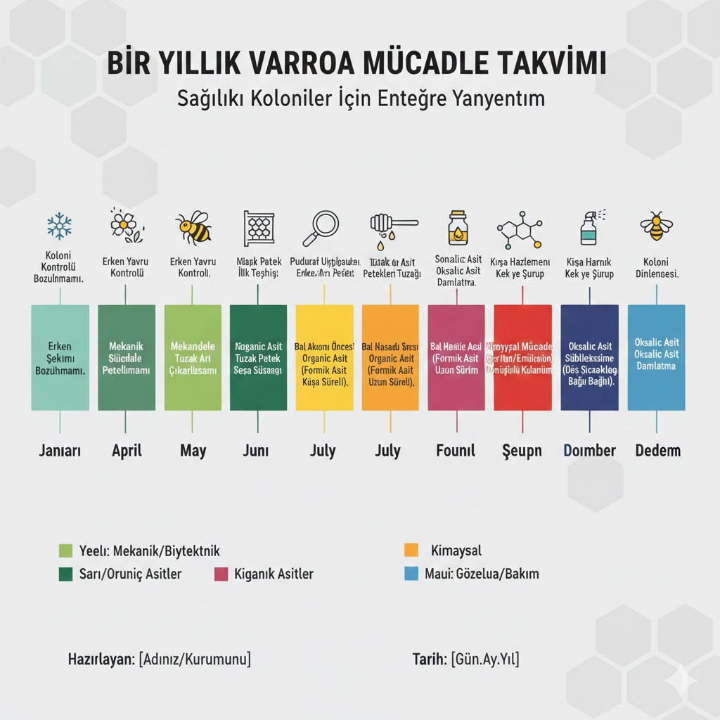 Arıcılıkta dört mevsim boyunca uygulanması gereken işlemleri, ilaçlama zamanlarını ve kontrol periyotlarını içeren detaylı bir yıllık varroa takvimi infografiği
