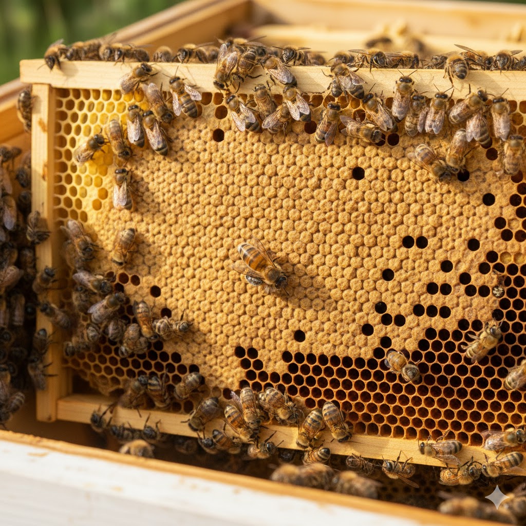 2026 yılı satılık 1 çıta arı fiyatı araştırması için örnek; üzerinde ana arı bulunan, kapalı yavru gözleri dolu ve sağlıklı işçi arılarla kaplı dolgun arı çıtası