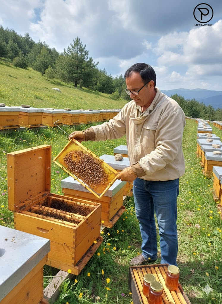 Ormanlık alanda yol boyunca dizilmiş kovanların başında arı bakımı yapan siyah saçlı profesyonel bir arıcı. 100 kovan arının getirisi