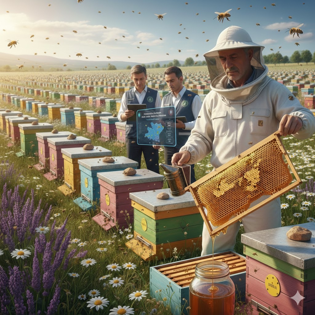 026 yılı arıcılık desteği başvurusu için bir arılıkta kovan sayımı ve teknik inceleme yapan uzmanlar ile bal peteği tutan arıcı.