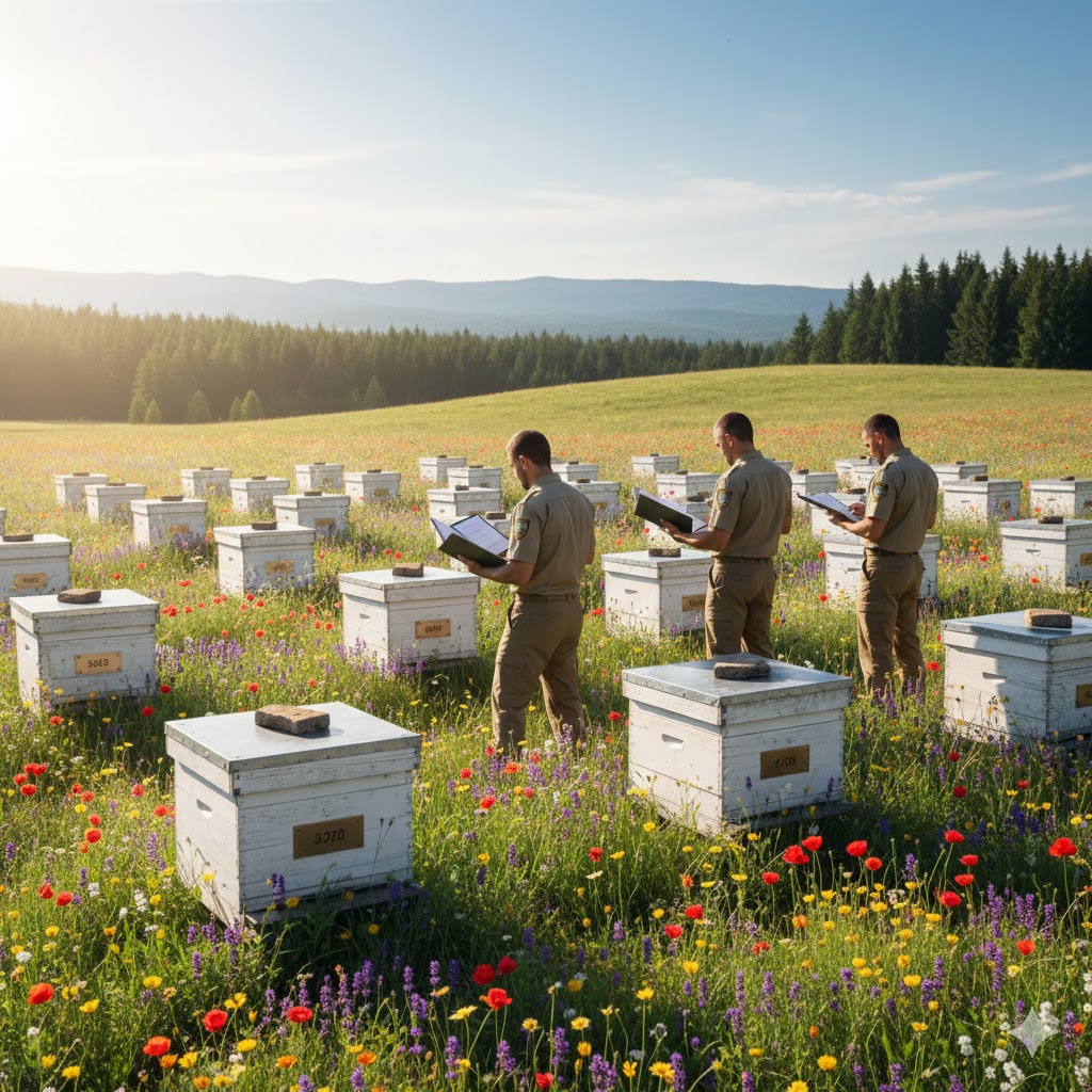 Çiçekli bir arazide plakalı arı kovanlarını sayan görevliler ve 2026 arıcılık desteği ne kadar oldu konulu bilgilendirme görseli