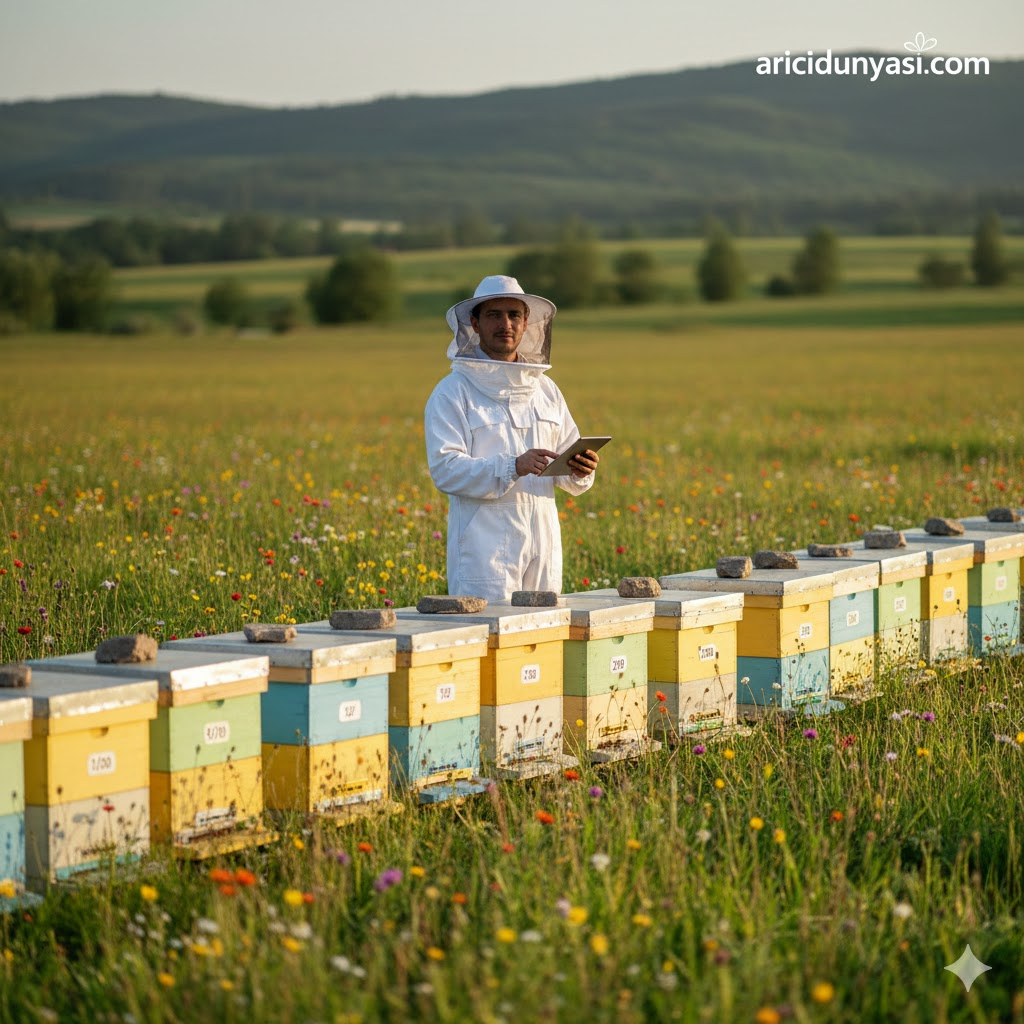 2026 arıcılık destek şartları kapsamında 30 arılı kovanını tamamlamış ve resmi sayım bekleyen, elinde tablet tutan modern bir arıcı.
