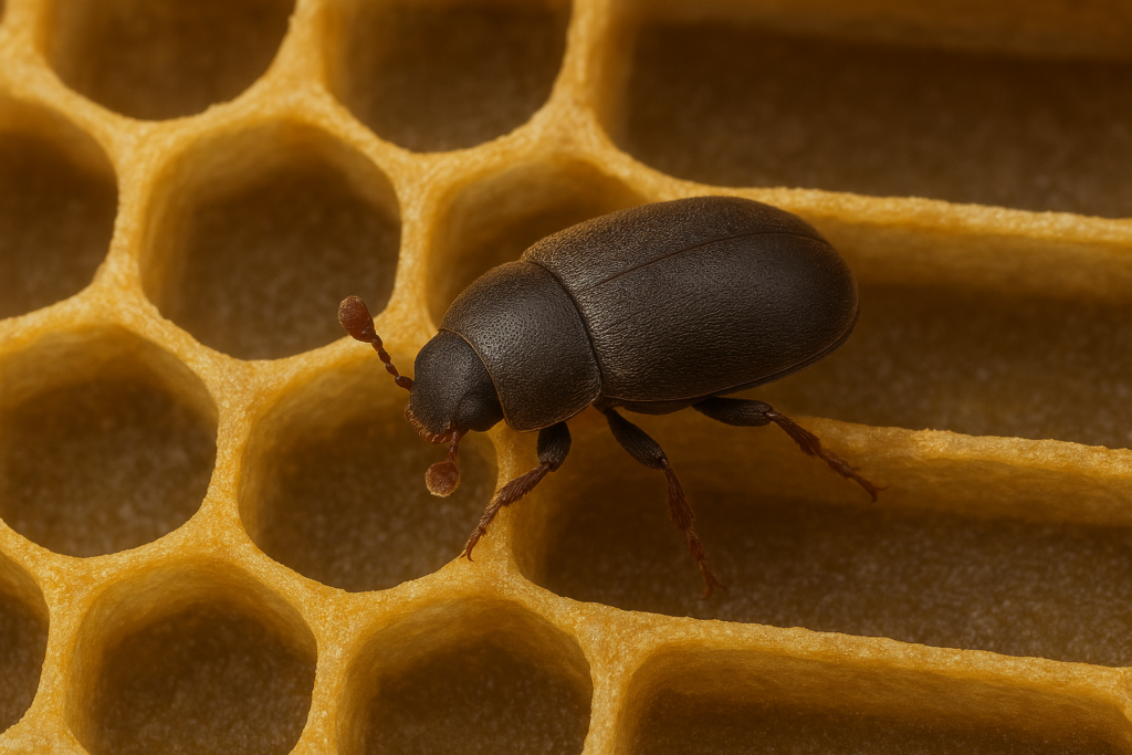 Petek üzerinde yürüyen Aethina tumida nedir küçük kovan böceği, koyu kahverengi sert kabuklu ve topuz antenli.