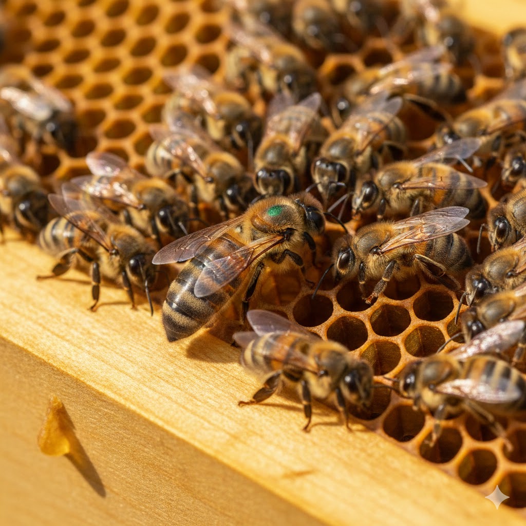 Petek üzerinde işçi arılar arasında görülen sağlıklı ve iri bir ana arı - aricidunyasi.com ana arı üretimi rehberi