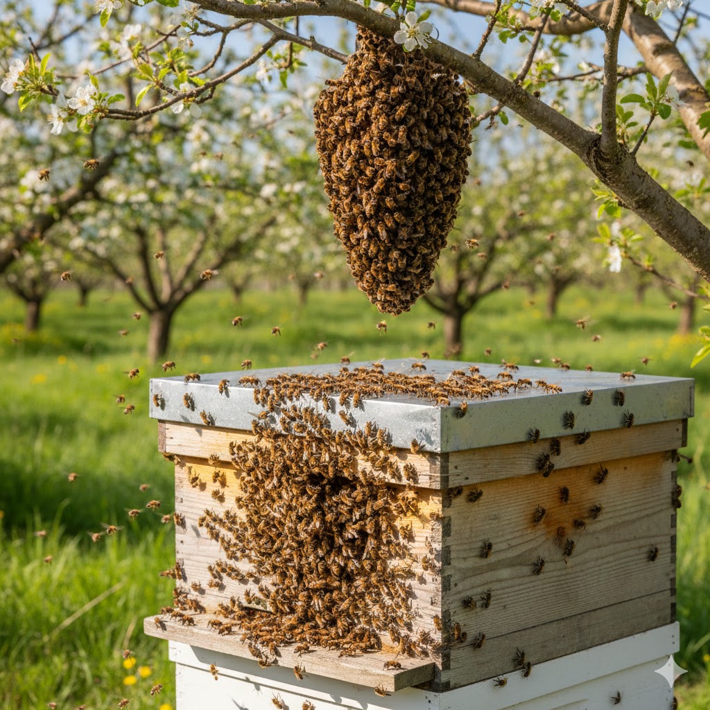 Bahar sezonunda kovan önünde salkım yapmış arılar ve arı kaçırmaya son verecek profesyonel oğul yakalama teknikleri