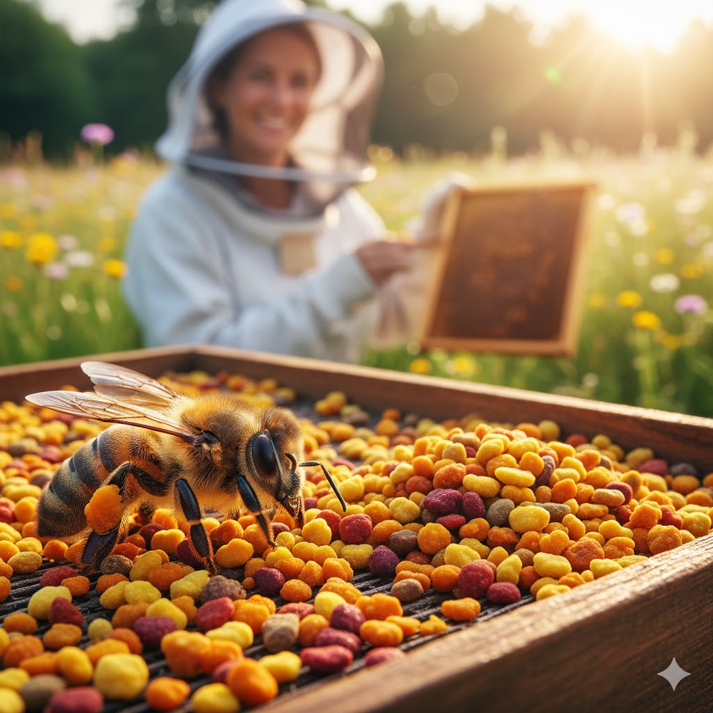 Arı poleni neye iyi gelir sorusuna yanıt veren; bacakları polen dolu bir işçi arı ve tepsilerde kurutulmaya bırakılan taze renkli polenlerin hasat anı.