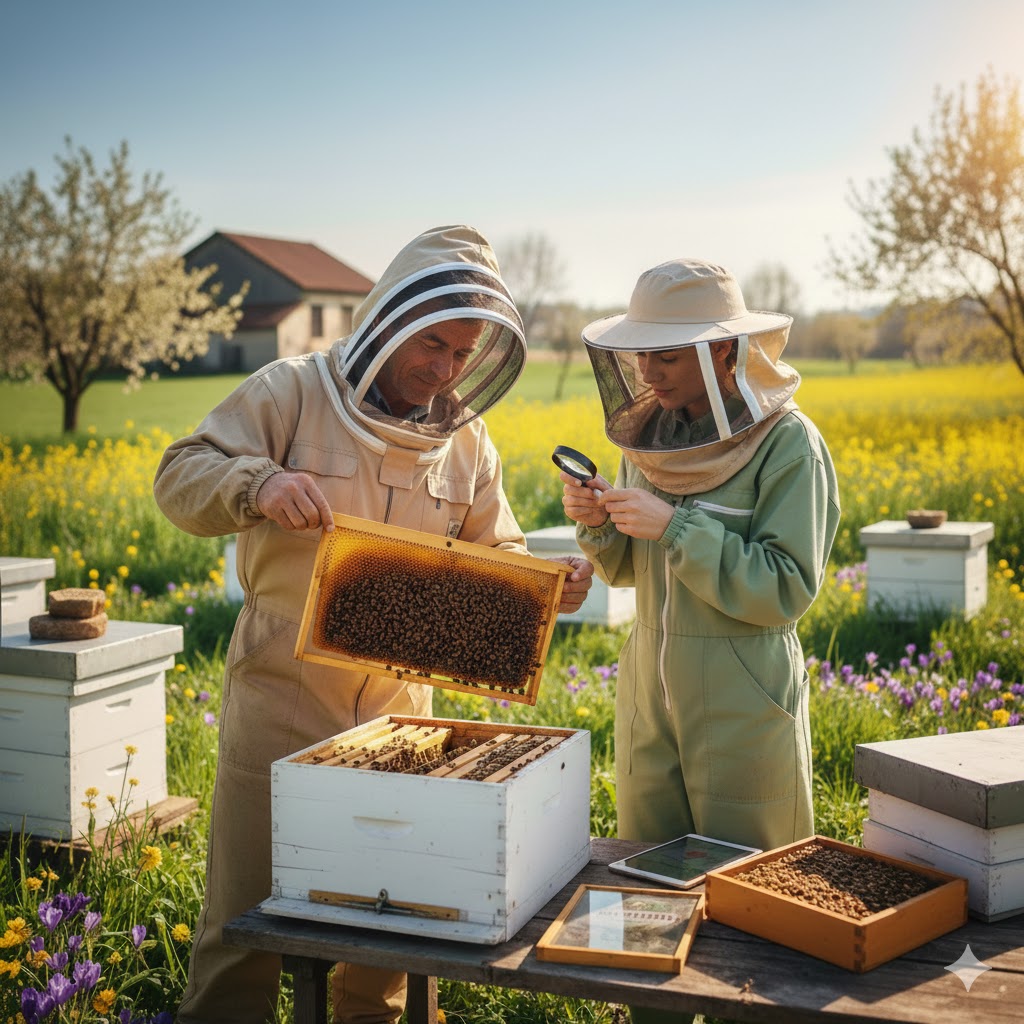 Arı satın alma rehberi kapsamında bahar ayında kovan başında çerçeve ve ana arı kontrolü yapan maskeli arıcılar
