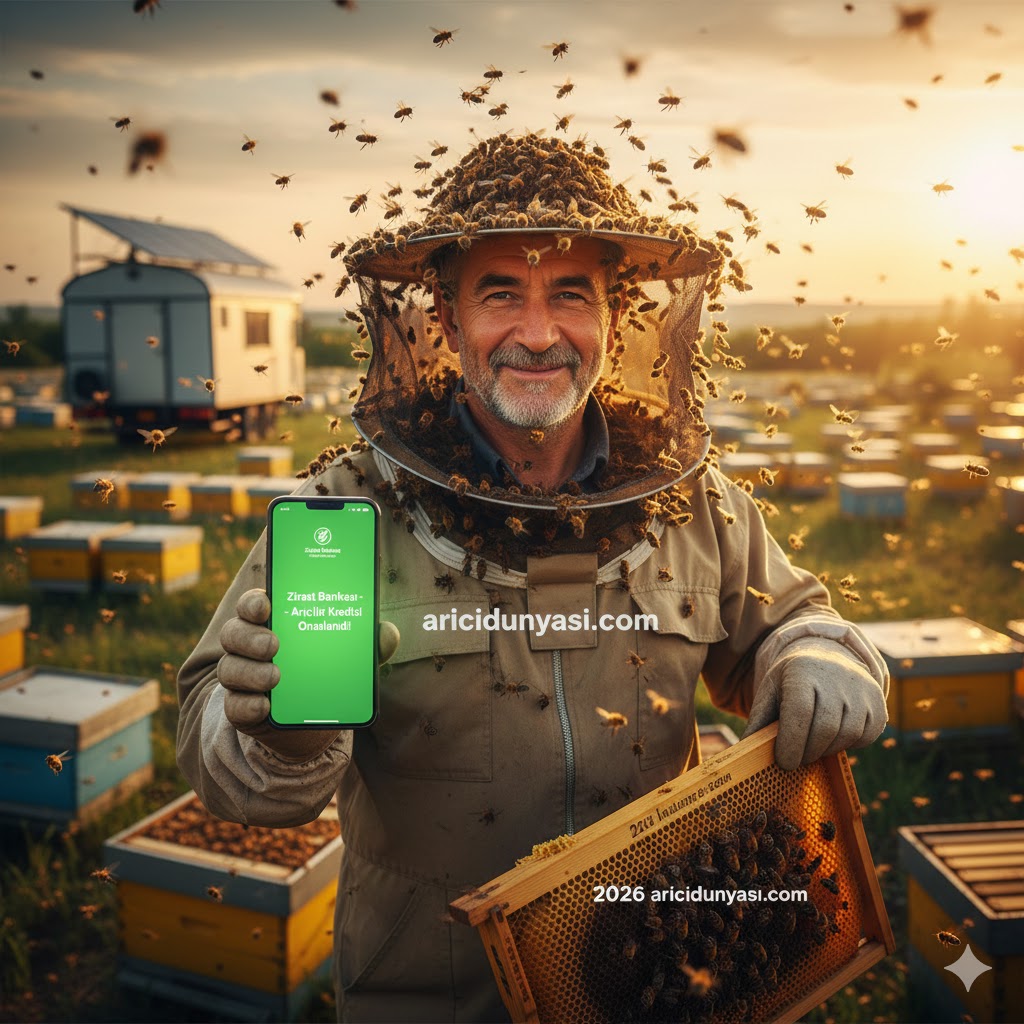 2026 yılı devlet destekli arıcılık kredileri 2026 başvurusu onaylanan erkek arıcının, arılıkta akıllı telefonu üzerinden banka onay mesajına bakarken çekilmiş fotoğrafı.