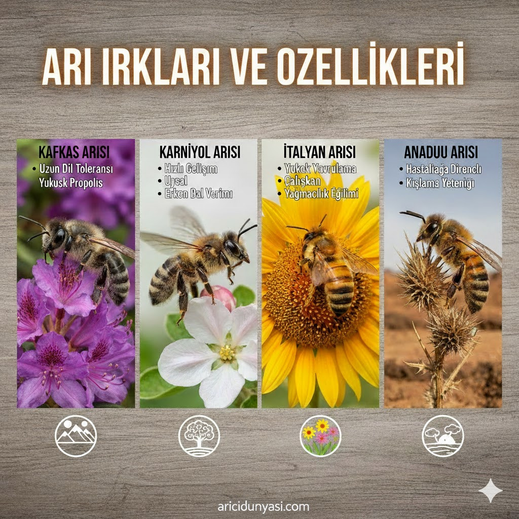 Arıcılıkta maksimum verim sağlayan Kafkas, Karniyol, İtalyan ve Anadolu arı ırklarının bal verimi ve özelliklerini gösteren tablo