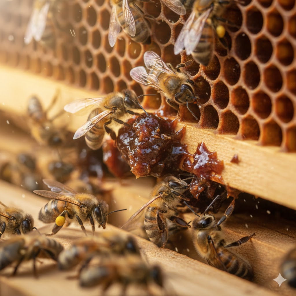 Arıcılıkta propolis üretimi sırasında kovan içindeki çerçevelerde toplanan doğal ham propolis ve işçi arıların çalışması.