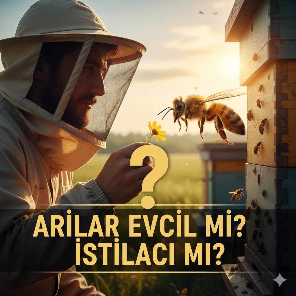 Bir bal arısı ile arıcının kovan önünde karşı karşıya geldiği anı betimleyen, arılar evcil mi yoksa yabani mi sorusunu simgeleyen illüstrasyon.