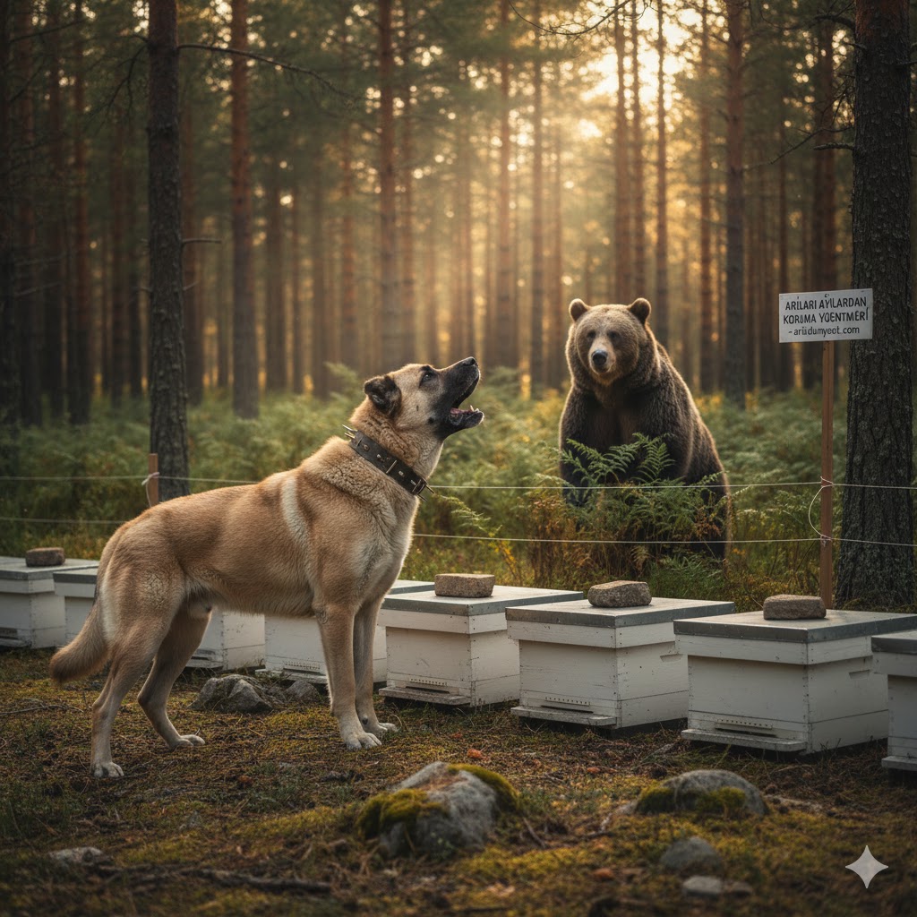 Arı kovanlarını koruyan heybetli bir bekçi köpeğinin, çitlerin arkasından bakan ayıya karşı havlayarak arıları ayılardan koruma yöntemleri kapsamında savunma yapması