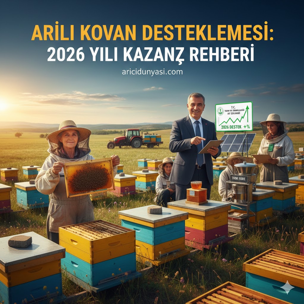 2026 yılı Arılı Kovan Desteklemesi başvuru şartlarını ve modern arıcılık ekipmanlarını gösteren rehber görseli