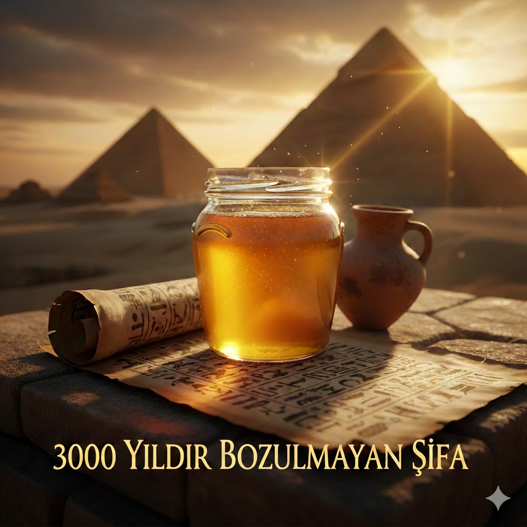 Antik Mısır piramitleri önünde 3000 yıldır bozulmayan şifa kaynağı bal kavanozu; balın son kullanma tarihi ve dayanıklılık mucizesini temsil eden görsel