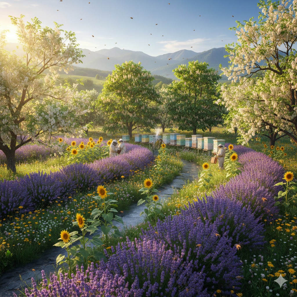 Arı merasında lavanta, ayçiçeği ve akasya gibi ballı polenli bitkiler arasında yer alan modern bir arılık ve çalışan arılar.