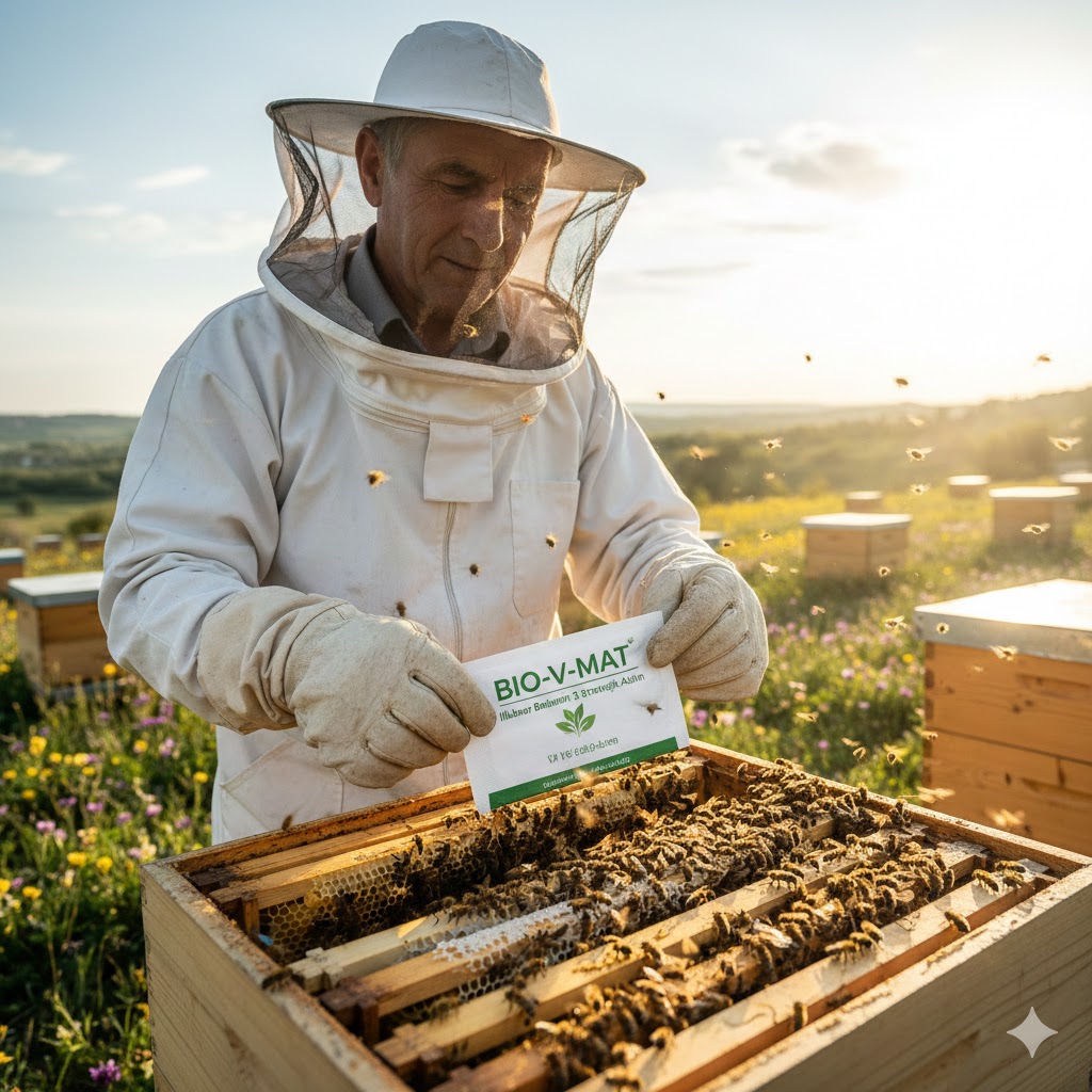 Bir arıcının bahar döneminde kovan içerisindeki çerçevelerin üzerine Bio-V-Mat ilkbahar bakımı ürününü yerleştirme anı