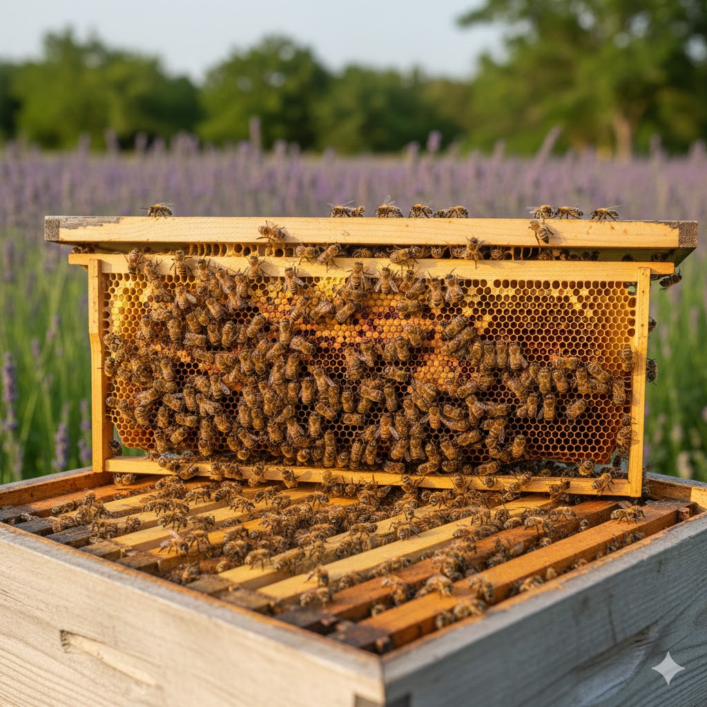 2026 yılı bir kovan arı fiyatı araştırması yapanlar için tam kapasite 10 çıta işçi arı mevcuduyla dolu, sağlıklı ve güçlü bir koloniye sahip açık kovan görseli.