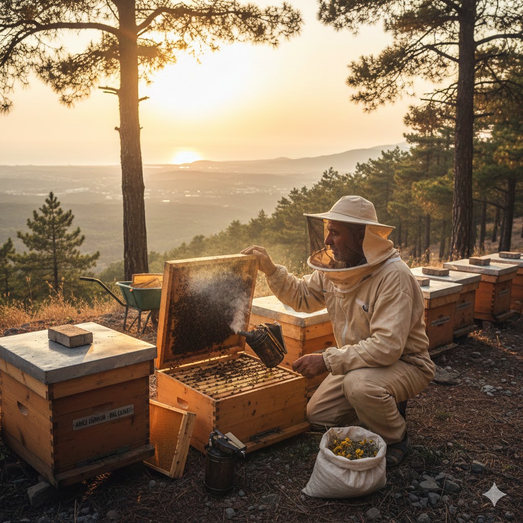 Çama giden arı kovanlarının başında bakım yapan deneyimli bir arıcı, gün batımında çam ormanı manzaralı arılıkta destekleme kriterlerine uygun kovan kontrolü yapıyor
