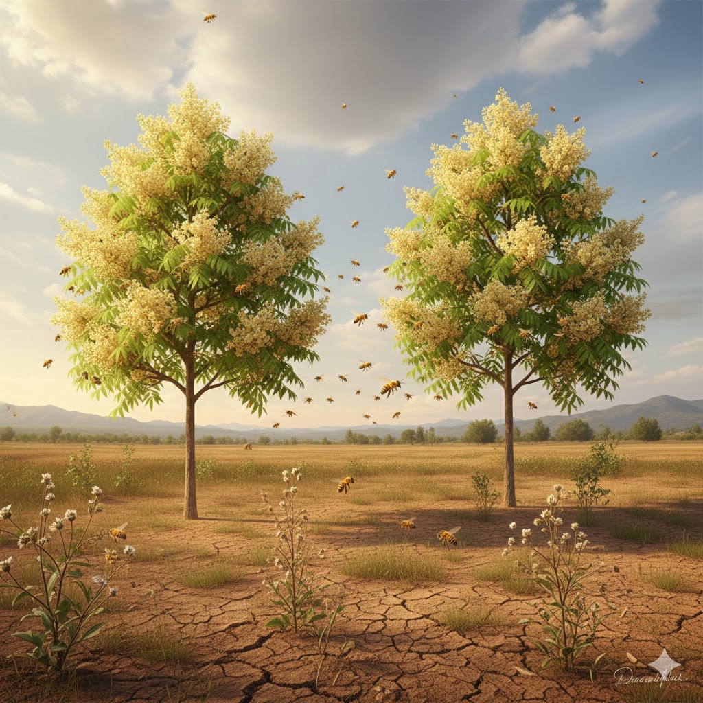 Arıcılık merası için yeni dikilmiş, çiçek açmış ve üzerinde arıların olduğu küçük Çin sumak ağacı fidanları.