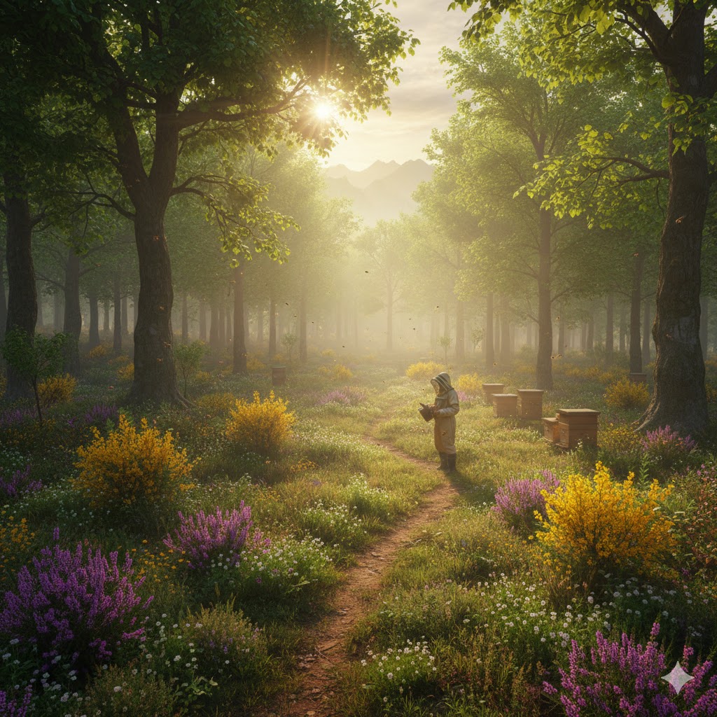 Doğal bal ormanları içerisinde stratejik olarak yerleştirilmiş kovanlar; akasya ve kestane ağaçları arasında nektar toplayan arılar için ideal bir vadi manzarası.