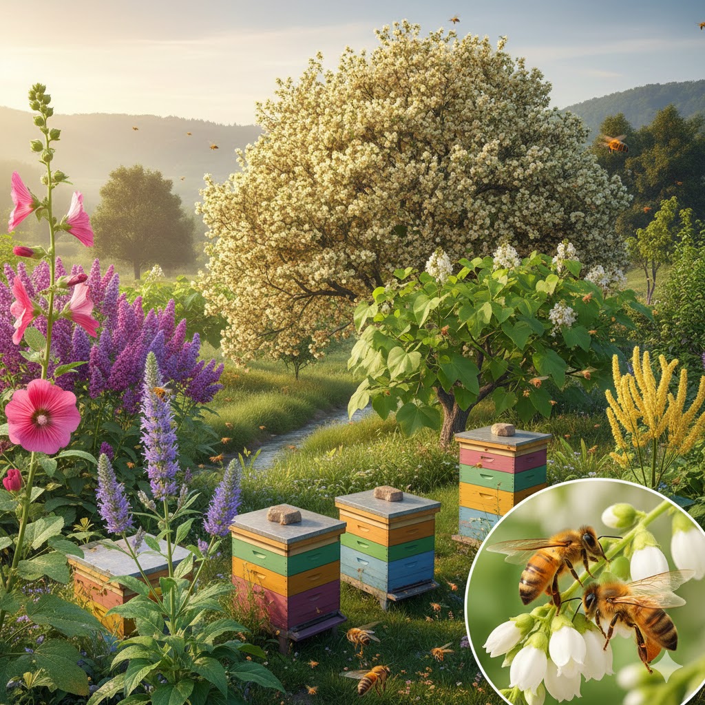 En çok bal veren bitkiler arasında yer alan Bee Bee Tree ve Japon Sofora ağaçları ile çevrili verimli bir arı merasında nektar toplayan ballı arılar.