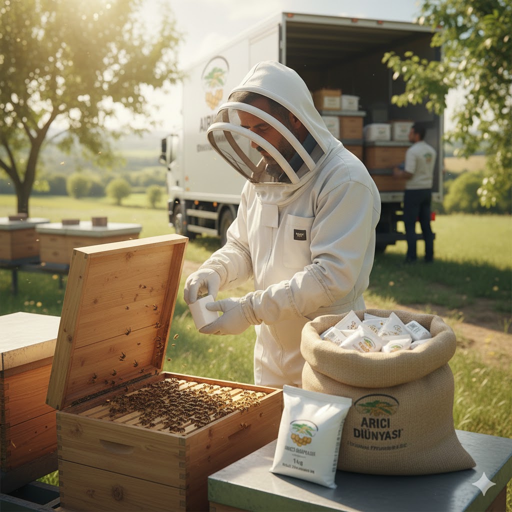 Güncel fondan şeker fiyatları 2026 için arı kovanı başında toptan sevkiyat ve besleme yapan arıcı görseli."