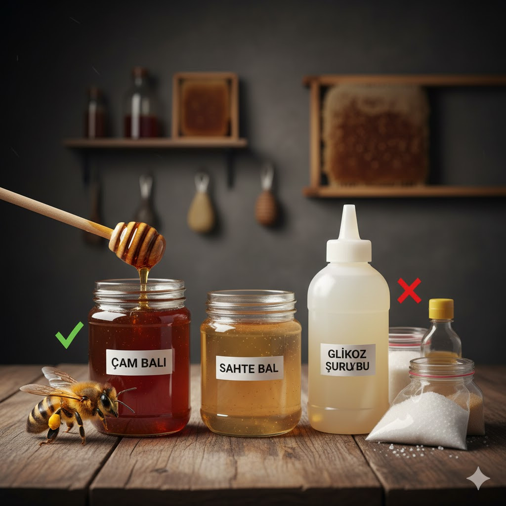 Gerçek bal nasıl anlaşılır ayağında polen taşıyan bir arı ve yanında yapay glikoz şurubu içeren sahte balların karşılaştırmalı görseli.