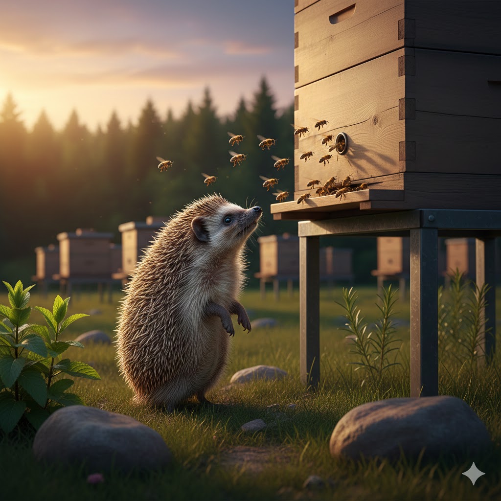 Metal sehpa ile yerden yükseltilmiş bir kovanın önünde duran ve uçuşan bal arılarını merakla izleyen bir kirpi bal arısı yer mi sorusuna cevaben; arılıkta kirpi zararına karşı alınan fiziksel önlemi ve arı kovanı güvenliğini temsil ediyor.