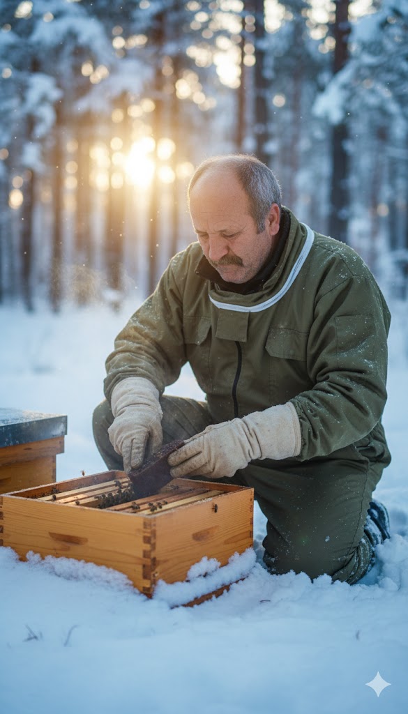 Kışın arı bakımı için karlı bir kovanın üzerinde kış salkımı yapan arılar ve kovan havalandırması. ve beslenmesi