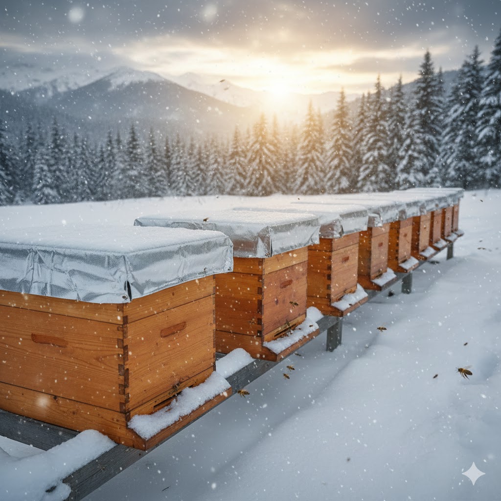 Kar altında kışlatma yapılan kovanların üzerinde koruyucu kovan termal örtüsü uygulaması