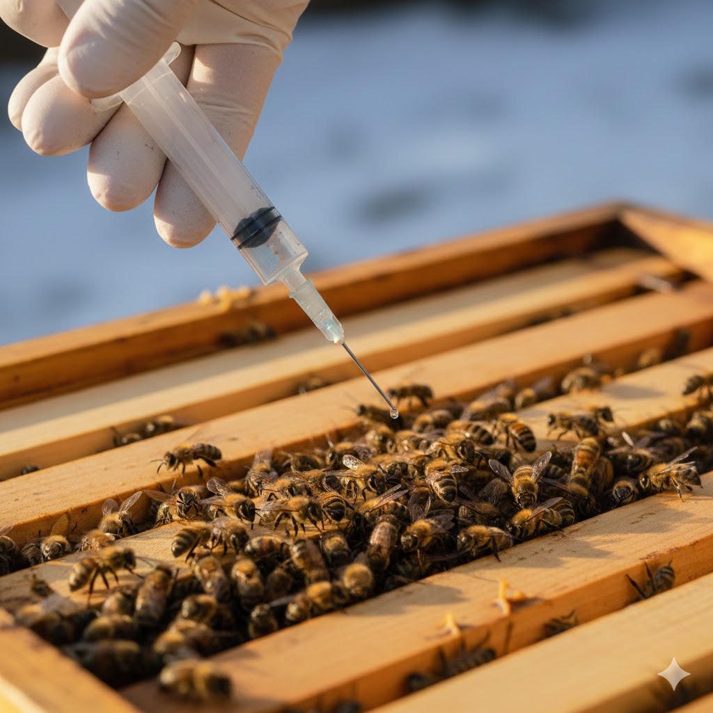 Oksalik asit damlatma rehberi uyarınca çerçeve arasındaki arı salkımına şırınga ile varroa mücadelesi uygulaması