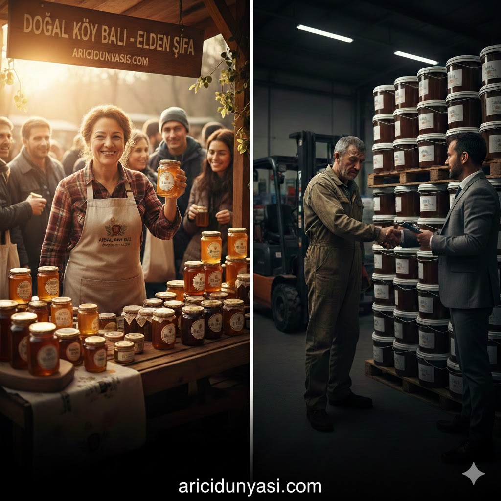 Perakende satışın kış sessizliği döneminde balını değerinde satan arıcı ile toptancıya düşük fiyata veren üretici arasındaki farkı gösteren karşılaştırmalı görsel - aricidunyasi.com