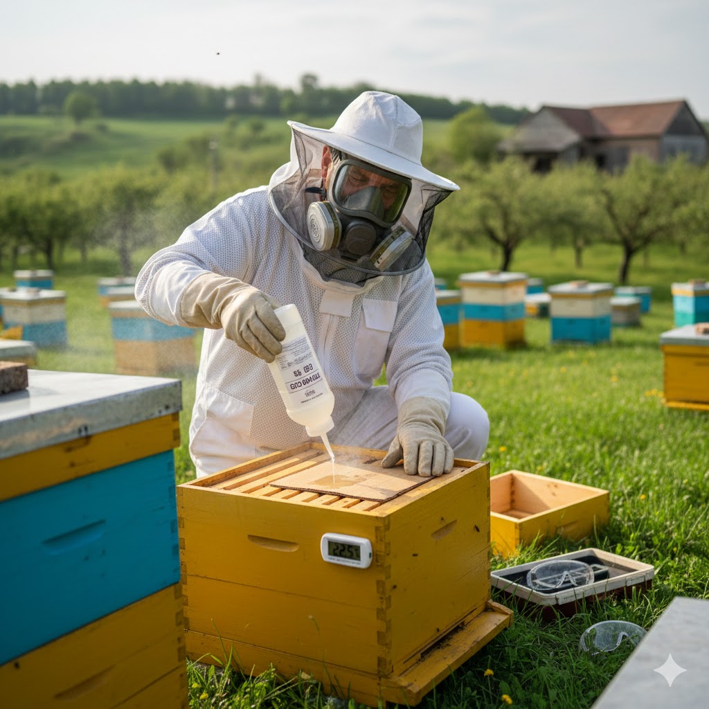 Profesyonel bir arıcının kovan üzerine koruyucu ekipmanlarla varroa için formik asit uygulaması yaptığı anı gösteren görsel.