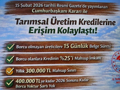 15 Şubat 2026 Resmi Gazete kararı ile yayımlanan, arıcılık ve tarımsal üretim kredilerinde 400 bin TL'ye kadar borcu yoktur şartını kaldıran yeni düzenleme tablosu
